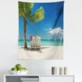 thumbnail image 1 of Beach Tapestry, Relaxing Scene on Vacation Beach Palm Tree Chairs and Boats Panoramic Picture, Fabric Wall Hanging Decor for Bedroom Living Room Dorm, 5 Sizes, Green Blue, by Ambesonne, 1 of 1