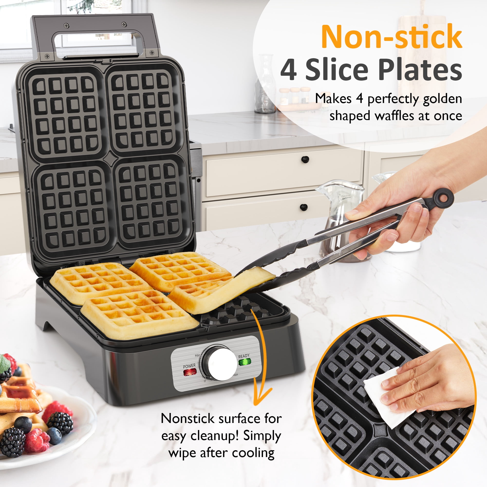 Heynemo Electric Waffle Maker 4 Slices, Stainless Steel Waffle Iron with Adjustable Heat, Nonstick Coating & Cool Touch Handle