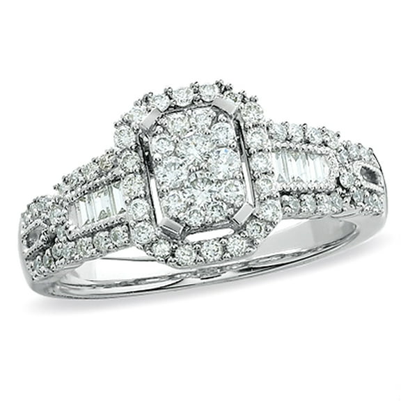 Dazzlingrock Collection 1.00 Carat (ctw) 14K Round & Baguette Cut Diamond Engagement Bridal Ring 1 CT, White Gold, Size 6