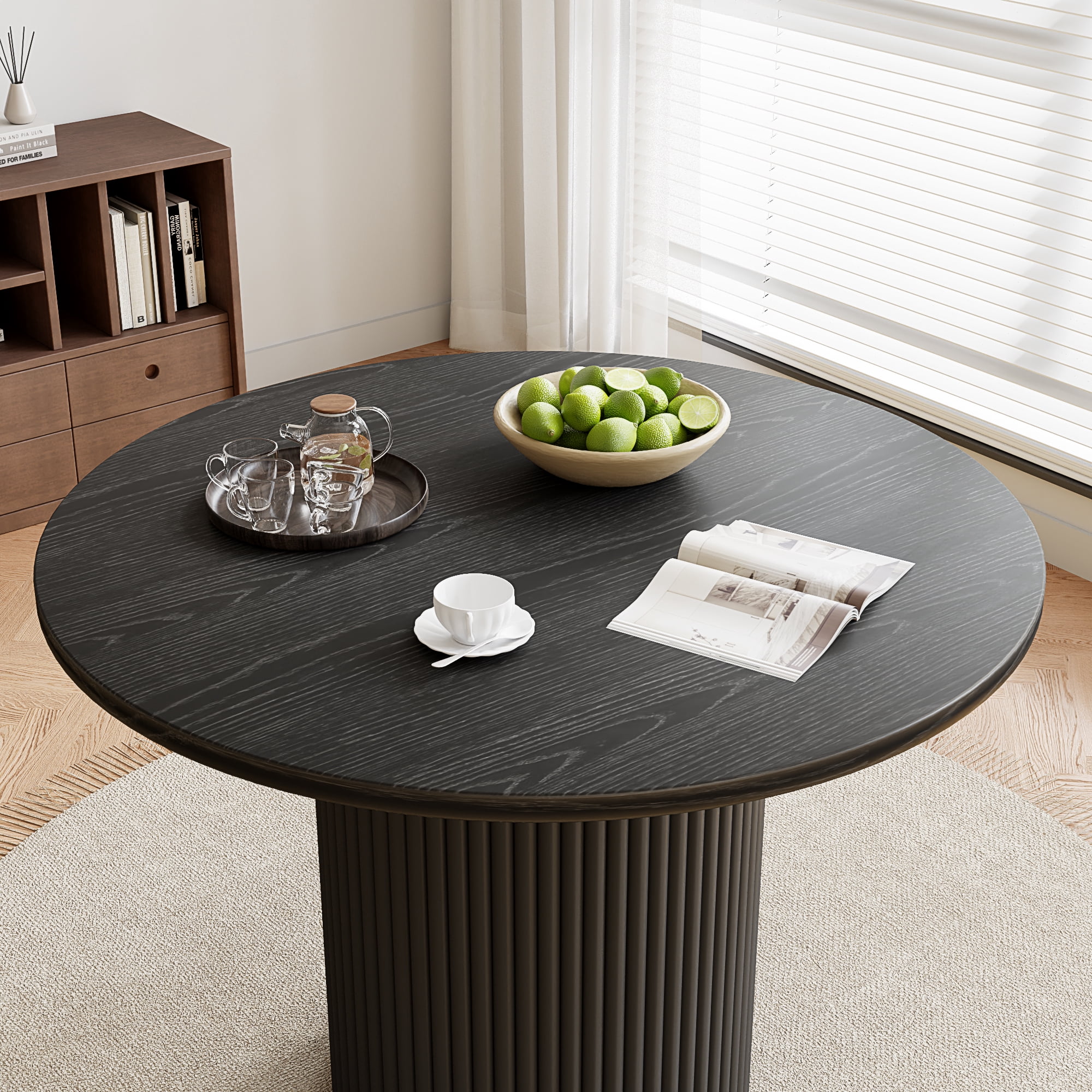 Rophefx 41.7" Solid Wood Round Dining Table with Handcrafted Relief Pedestal,Circle Dining Table,Black