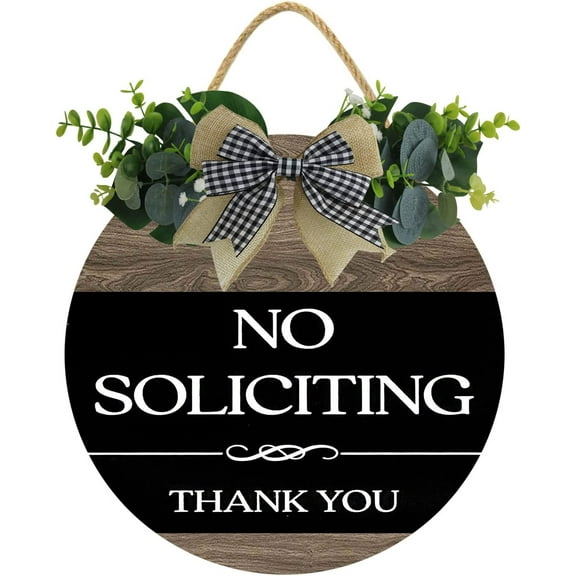 Vinstralivye 12" No Soliciting Thank You Hanging Sign Plaque, Rustic Wooden Front Door Sign, Vintage Outdoor Wall Art Sign Hanger For Porch Yard Store Home Farmhouse Office Decor