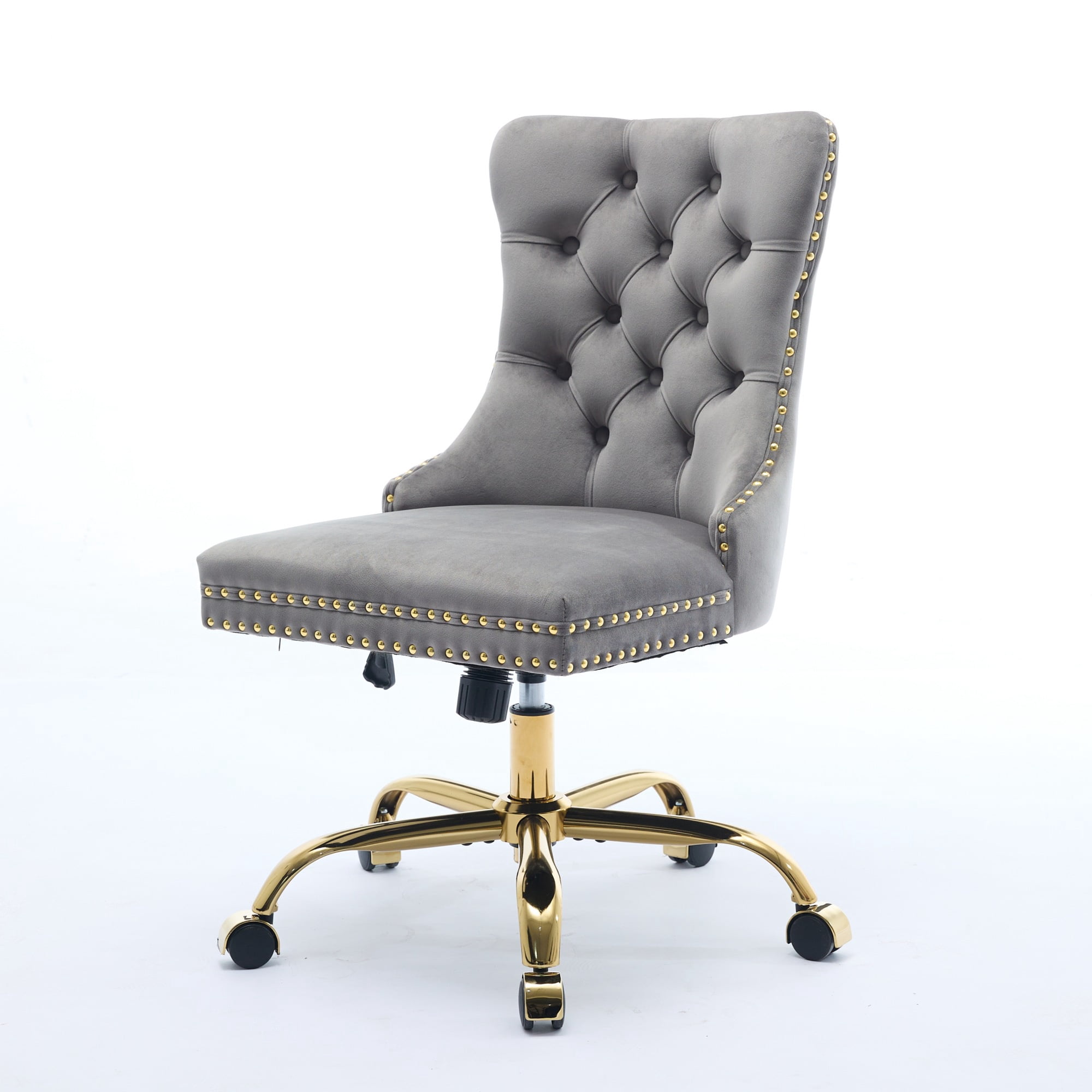 SESSLIFE Swivel Vanity Chair, Modern Office Chair with Wheels, Golden Metal Base, Velvet Upholstered Tufted Button Home Office Chair with Adjustable Height, Ergonomic Home Desk Chair, Grey