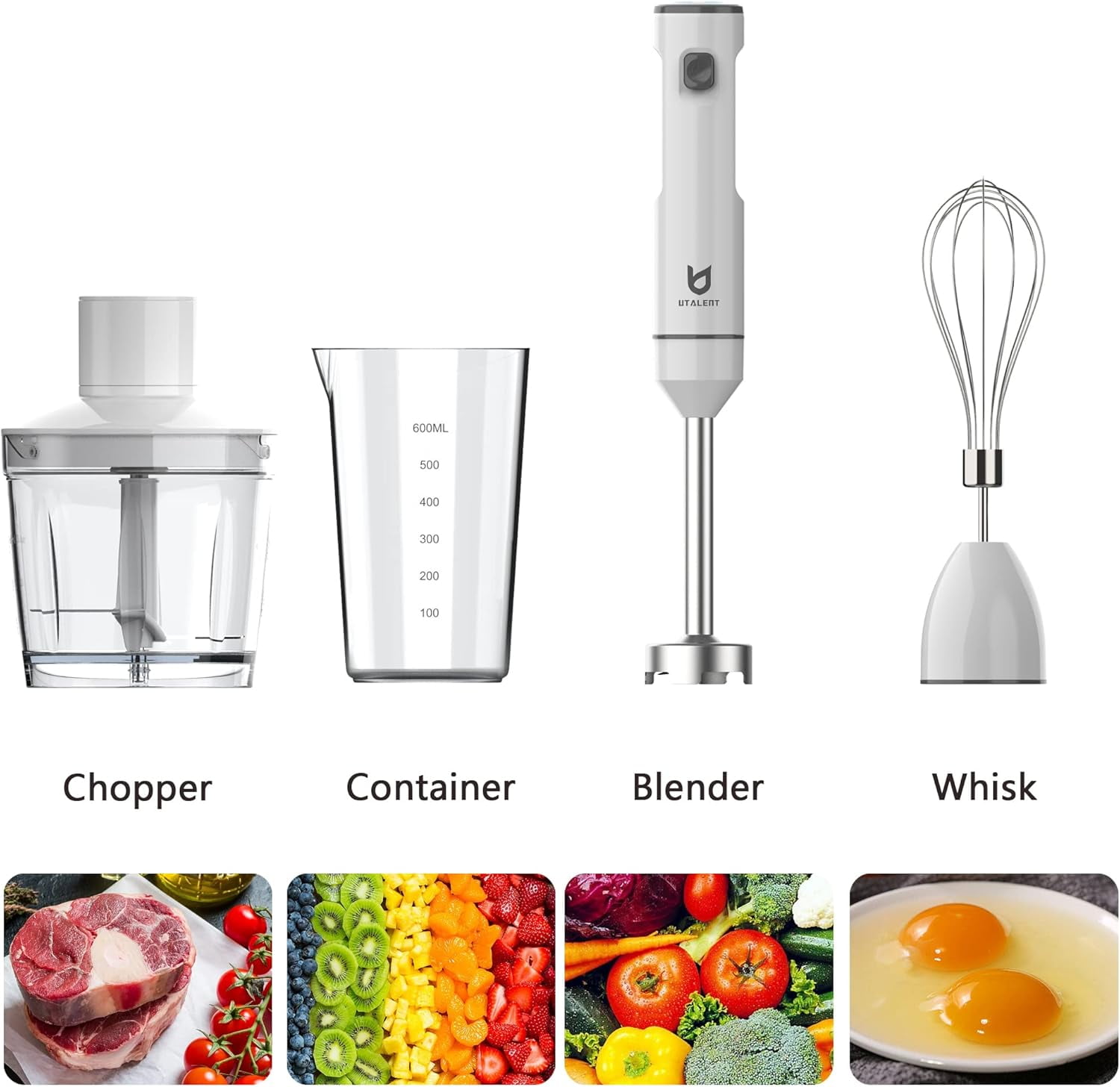 Cordless Hand Blender  Variable Speed Immersion Blender Rechargeable with USB-C   Whisk for Smoothies Milkshakes Hummus Soups White
