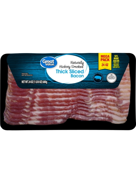 Great Value Naturally Hickory Smoked Thick Sliced Pork Bacon, Mega Pack, 1.5 lb
