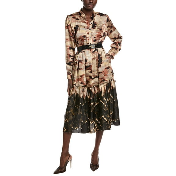 Gracia womens  Mock Neck Belted Shirtdress, s, Beige