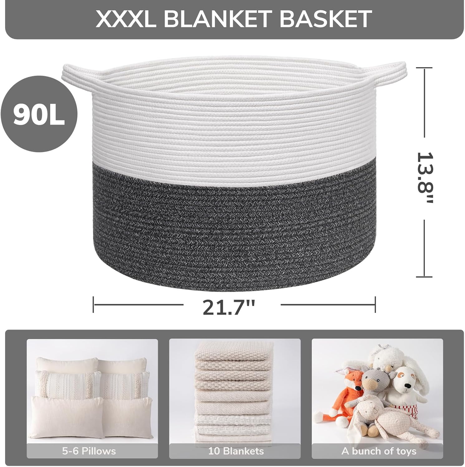 UniMall XXXLarge Cotton Rope Basket 21.7" x 21.7" x 13.8" Woven Baby Laundry Baskets Blanket Basket Toy Baskets with Handle Storage Comforter Cushions Gray Laundry Hamper