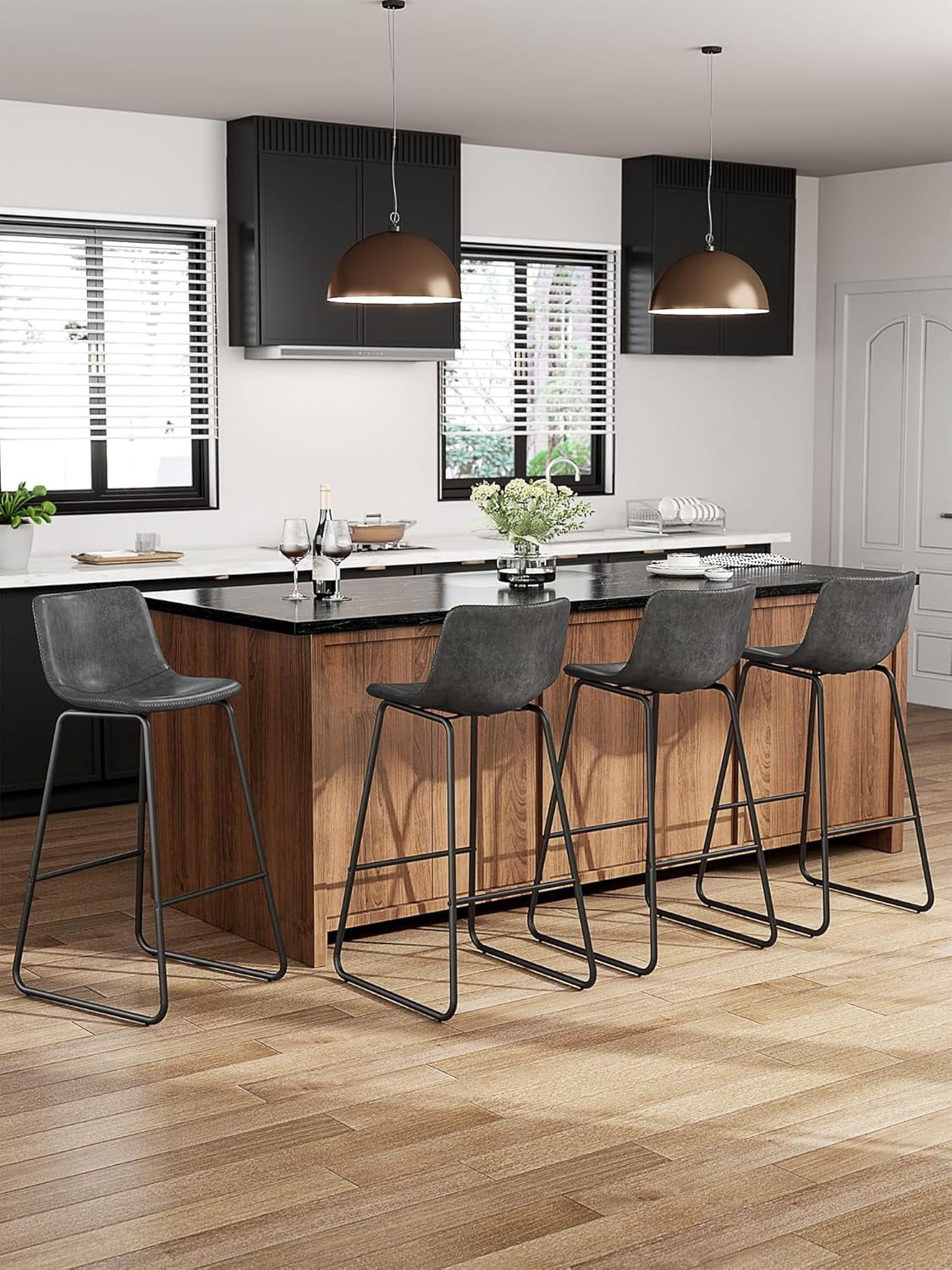 LainTene 30" Bar Stools Set of 2 – Faux Leather Counter Height Stools with Backrest & Footrest, Heavy-Duty Metal Frame for Kitchen, Bar, Living Room, Gray