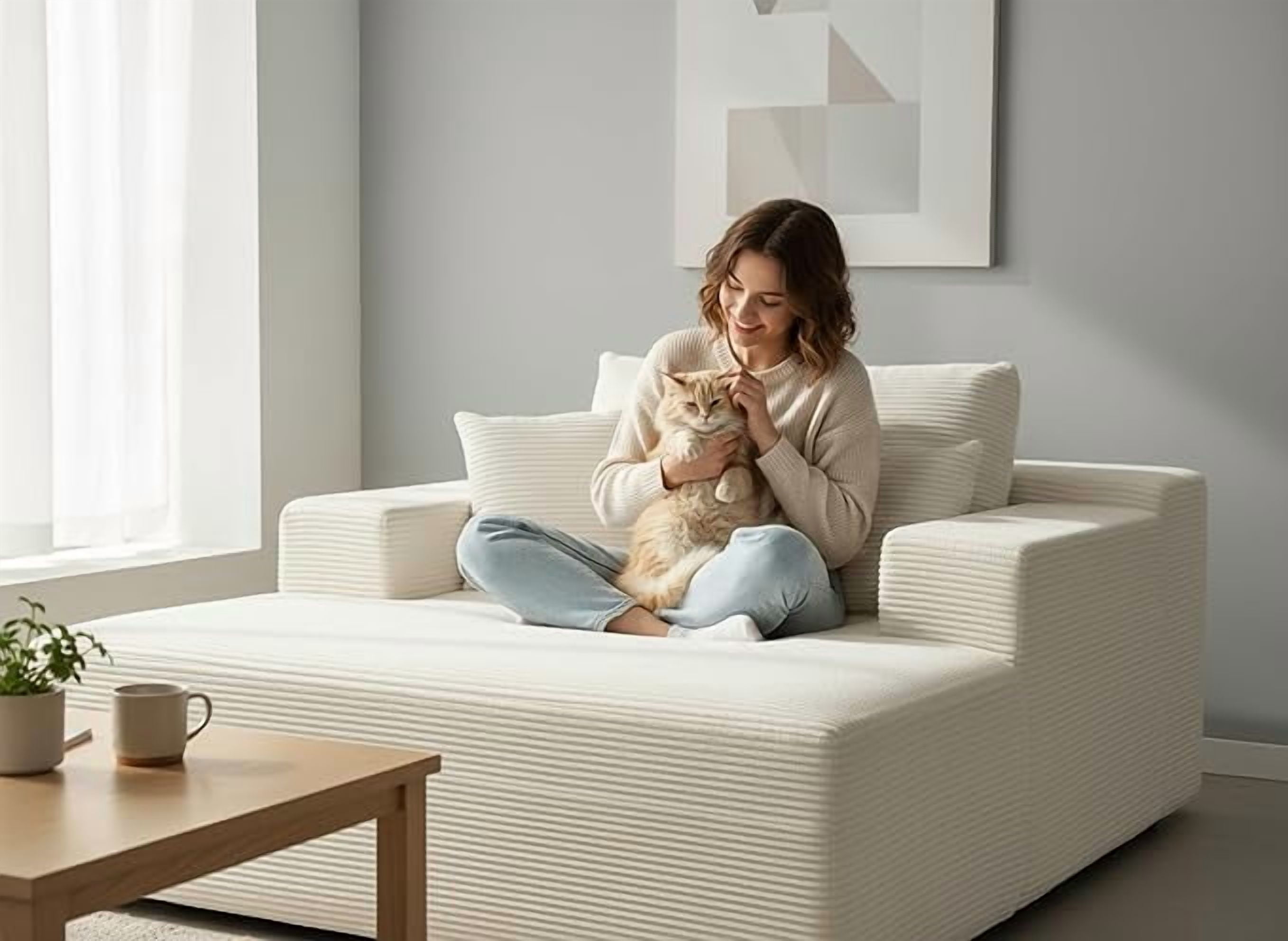 Chaise Lounge Chair Indoor – Oversized Corduroy Couch with Wide Armrest & Throw Pillows, Cozy Boneless Sleeper Sofa Bed Armchair