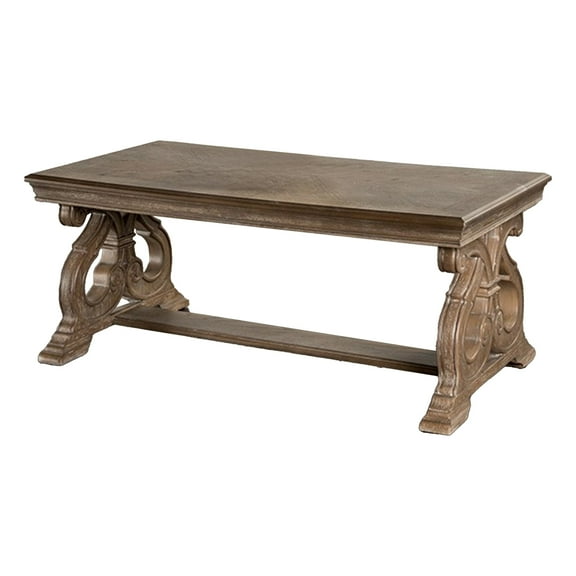 Gia Coffee Table- 52 Inch Rectangular Top- Carved Details- Brown Solid Wood