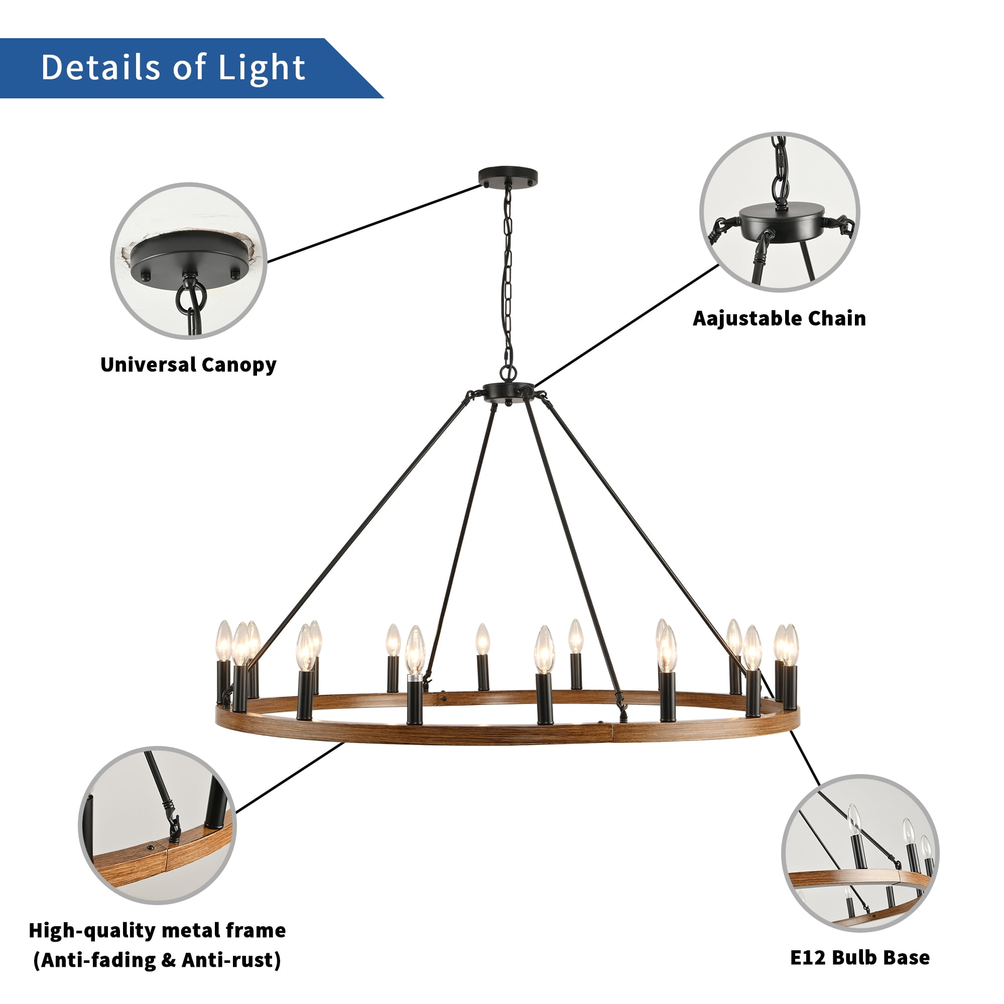 Magic Home 16-Light Big Wagon Wheel Chandelier,Modern Farmhouse Large Light Fixtures Large Round Chandelier,Round Kitchen Island Light,walnut color frame + black lamp head