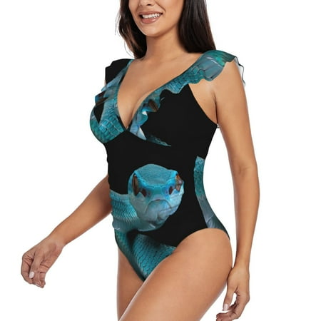 KLL Blue Viper Snake1 for Women s Ruffled One Piece Swimsuit Tummy Control Bathing Suit V Neck Swimwear