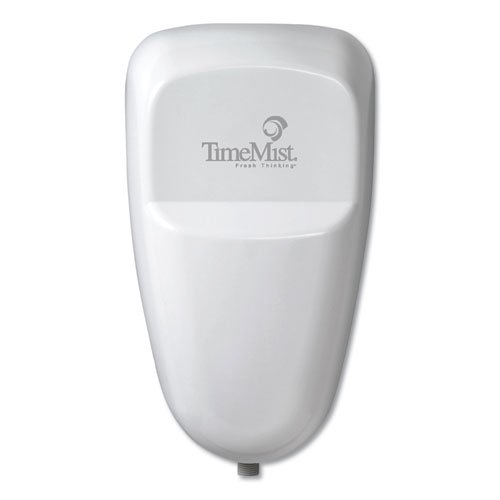 TimeMist Virtual Janitor Dispenser, 3.75 inches by 4.5 inches by 8.75 inches, in white. A wall-mounted automatic cleaning and deodorizing system for urinals and commodes, designed to improve washroom hygiene. Made of durable plastic, it operates 24/7 and features a refill system lasting 30 days. Includes a complete mounting kit and refill service reminder, ideal for eliminating bathroom odors and maintaining clean fixtures.