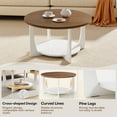 thumbnail image 5 of Foreate 31.5" Round Coffee Table with Solid Wood Pine Legs, 2-Tier Retro Round Coffee Table with Storage Shelf, Small Modern Wood Circle Center Table for Living Room, Walnut and White, 5 of 8