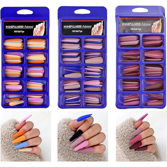 LAICAIW Coffin Extra Long Fake Nails Ballerina Press on Nude False Nails 300Pcs Matte Acrylic Nails Tips for Nail Art 4 colors Black Natural Pink Yellow Blue Burgundy red Orange (Mixed color nail tip