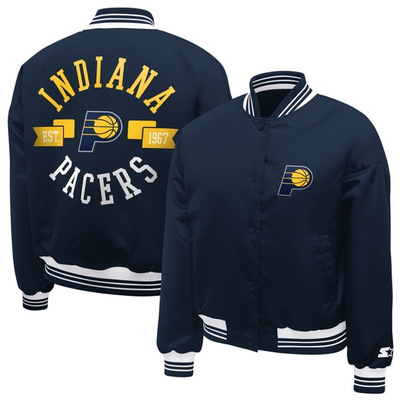 Women's Starter Navy Indiana Pacers Printed Logo Cropped Satin Varsity Full-Snap Jacket