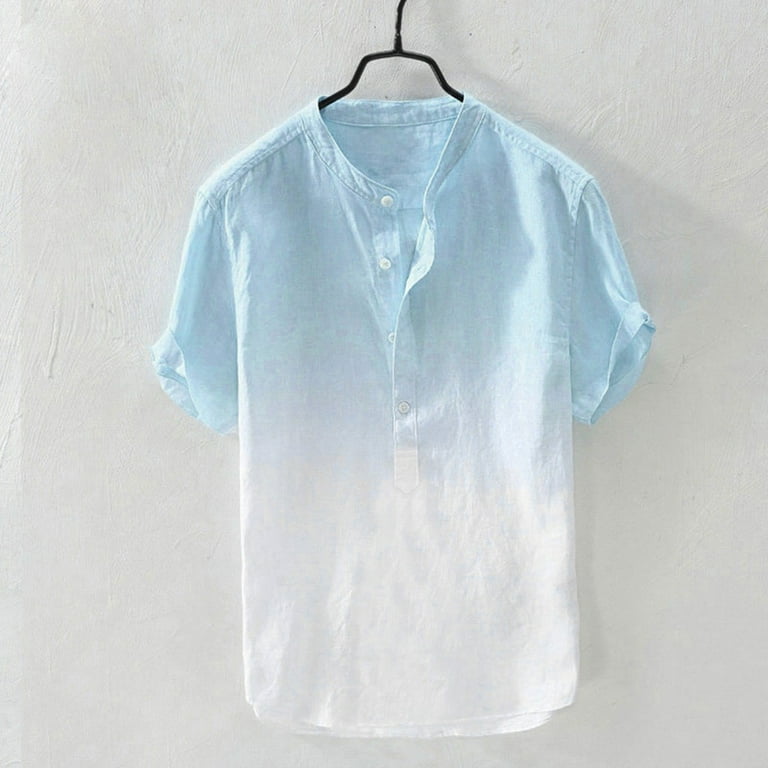 Mens gradient color summer short sleeve cotton breathable casual shirt sale