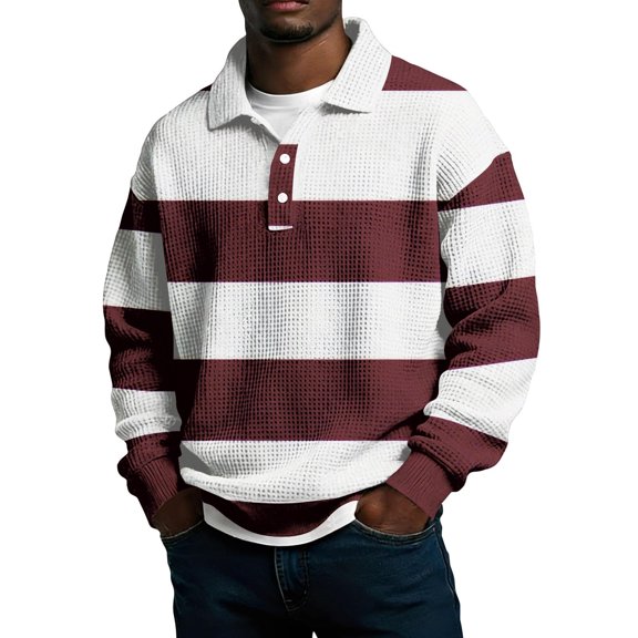 Kvture Men's Casual Striped Shirts Long Sleeve Business Casual Athletic Golf Button Collar Shirt Wine Pullover M