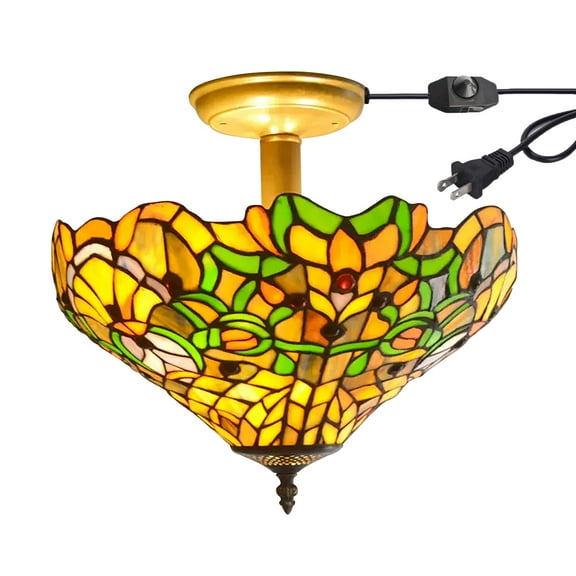 Kiven 13.8in Flush Mount Ceiling Light Fixture Dimmable, 3-Light Anti Glare Close to Ceiling Light with 15FT Plug-in Cord, Tiffany-Style Glass Chandelier for Bedroom Kitchen Hallway(No.3214)