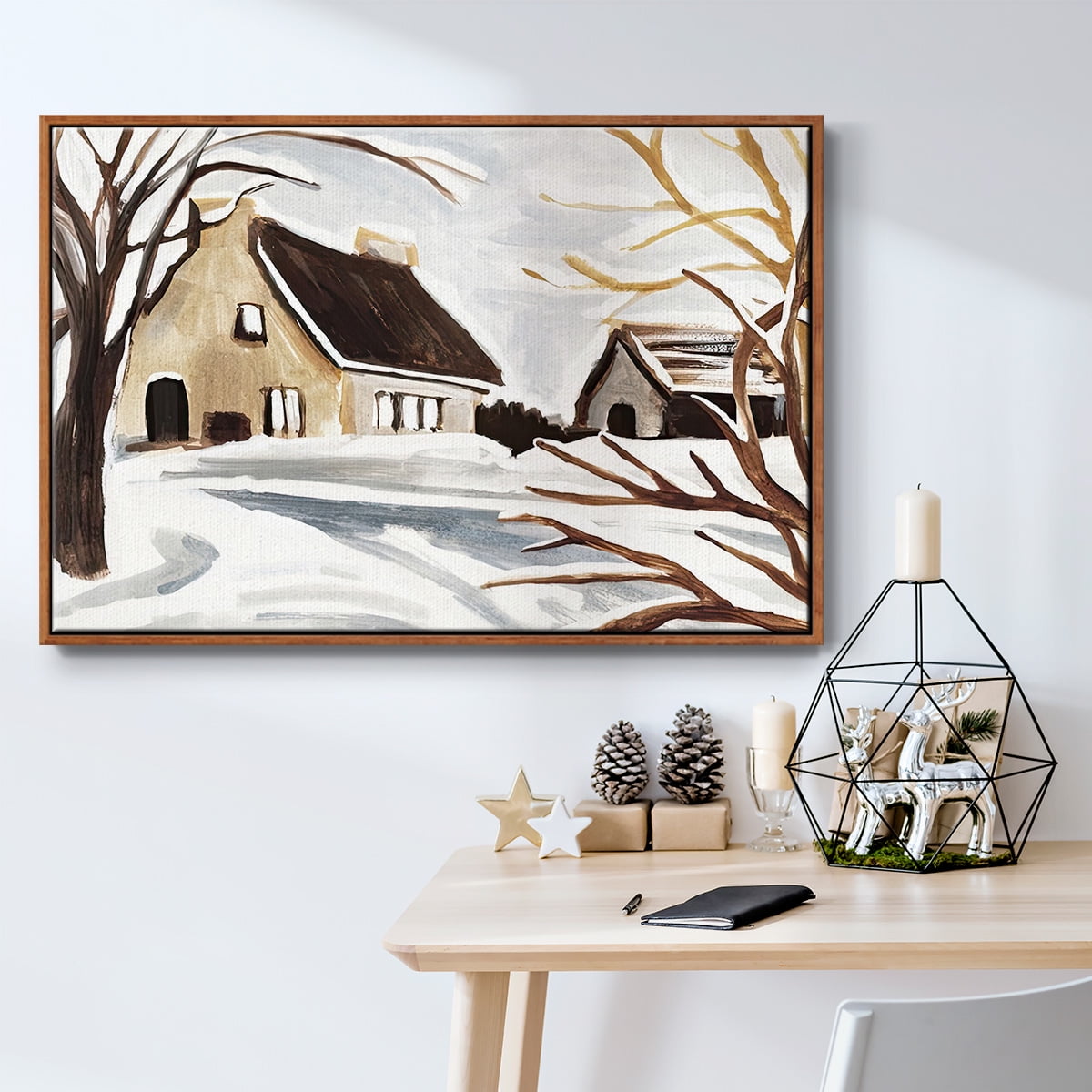 Winter Cottage II - Framed Gallery Wrapped Holiday Canvas - 25 x 37 - Rosewood Frame