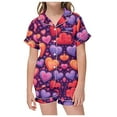 thumbnail image 5 of Girls Satin Pajamas Heart Print Short Sleeved Button Top Valentines Day Pjs Loose Home Outfit Set 2-Piece Sleepwear Pjs for Kids 12-13 Years, 5 of 5