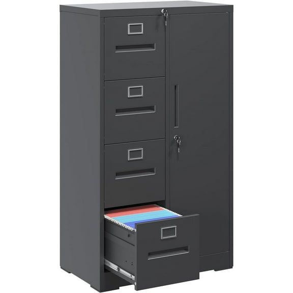 File Cabinet 4 Drawer, Vertical File Cabinet with Lock and 1 Door, File Cabinet with Storage Shelves for A4 Legal/Letter, Assembly Required (Black)