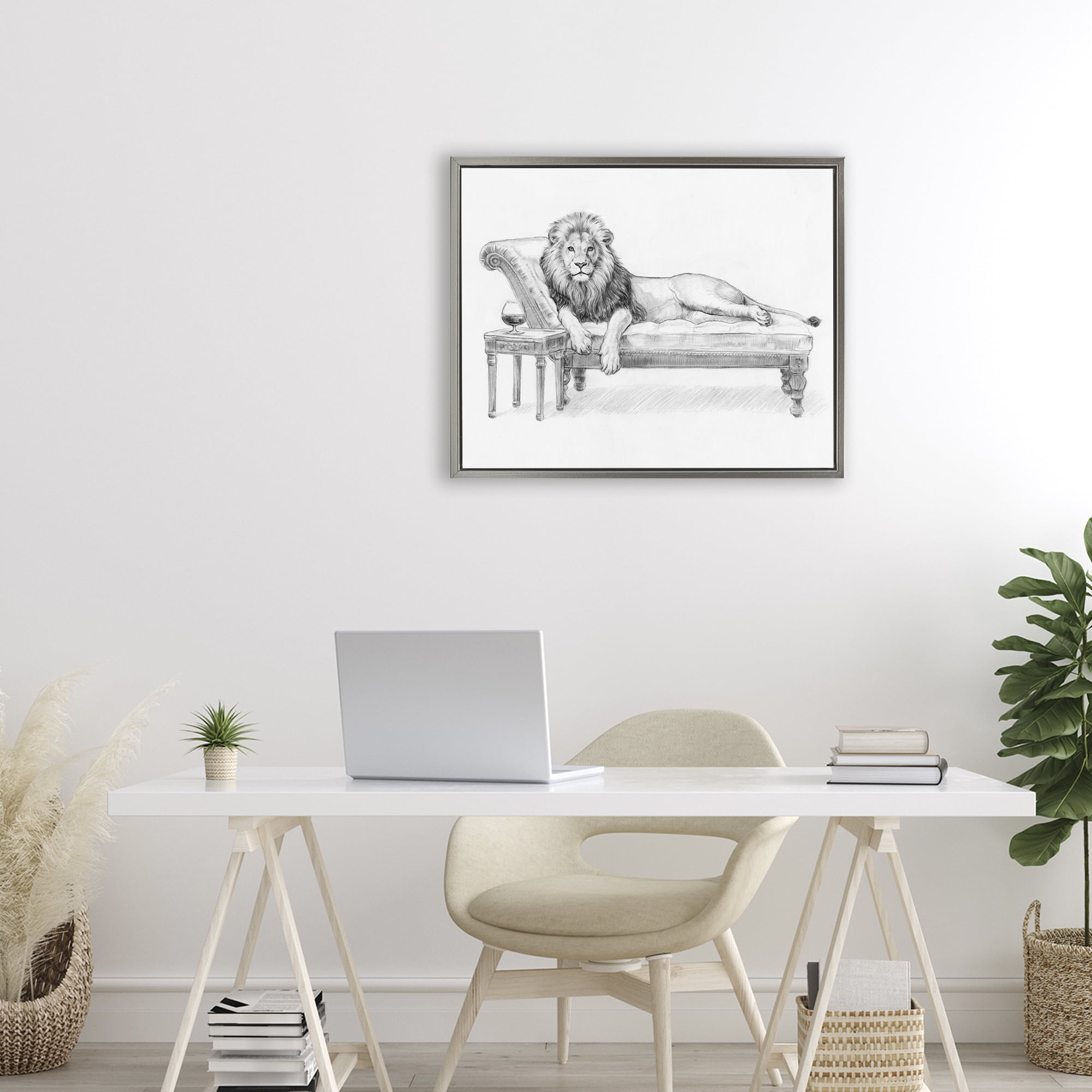Stupell Industries Lounging Beast Lion Gray Framed Floater Canvas Wall Art, design by Victoria Barnes