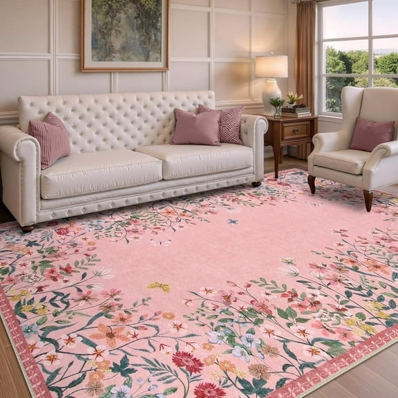 RUGOGO 6x9 Pink Botanical Carpets, Non Slip Washable Carpet for Living Room Bedroom Dining Room, Floral Carpet for Floor