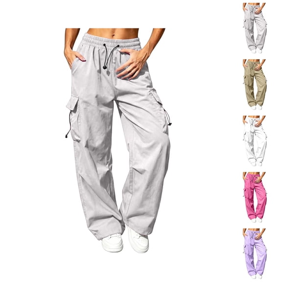 Parachute Pants Women Summer Elastic Waist Drawstring Wide Straight Leg Loose Casual Lightweight Cargo Pants with Pockets