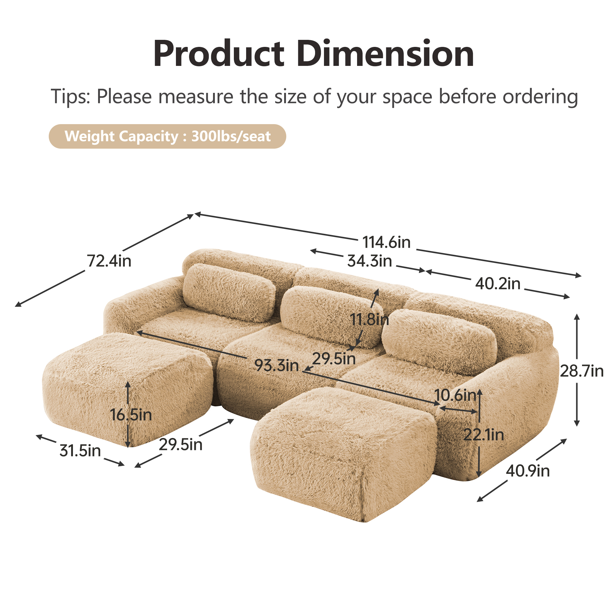 Aukfa 115" Faux Fur Modular Sectional Sofa, 5-Piece Deep Seat U-Shaped Couch with 2 Ottomans, Camel