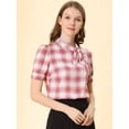thumbnail image 3 of Unique Bargains Chemisier à Carreaux pour Femmes, Col Noué, Manches Courtes Bouffantes Rétro, 3 of 6