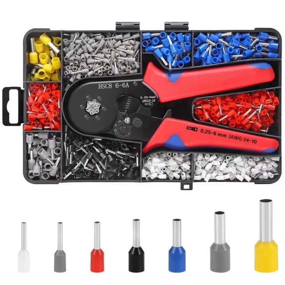FEHNAG 1200pcs Ferrules Kit: Self-Adjusting Ratchet Crimper Tool for AWG 23-7 (0.25-10mm²) Wires - 87Sizes Insulated Terminals Box - Automotive/Home Repair