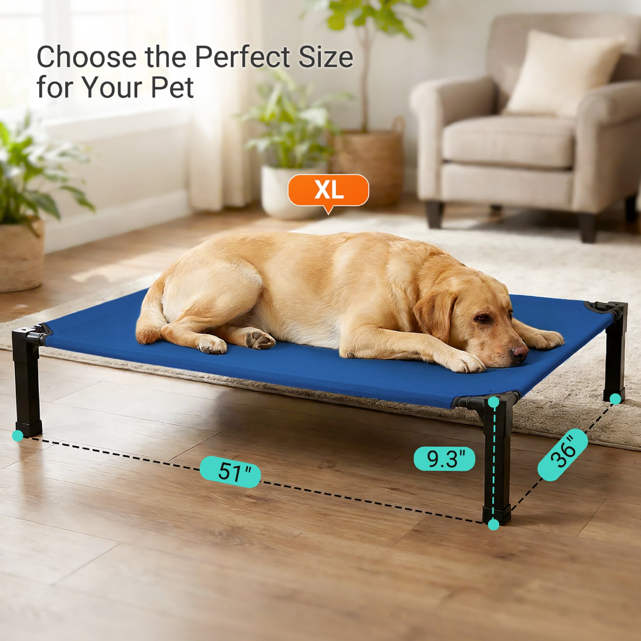 Elevated Dog Bed, Cooling Raised Bed, Portable&No-Slip for Outdoor or Indoor Use, Navy, Large, 51"L x 36"W x 9.3"H