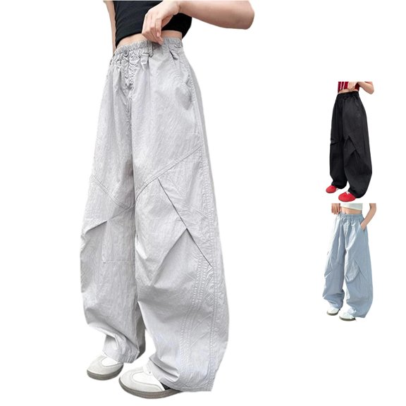 Weebloom Girl Wide Leg Pants Kids Barrel Pants Lightweight Summer Casual Trousers Grey 15-16 Years