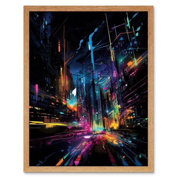 New York City at Night Modern Abstract Neon Contrast Painting Art Print Framed Poster Wall Decor 12x16 inch