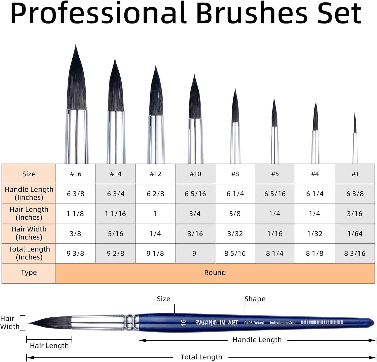 JJEAN-Professional Paint Brush Set, 8Pcs Round Pointed Paintbrush Set, Wooden Handle Hair Artist Brushes for Watercolor Painting(Blue Handle)