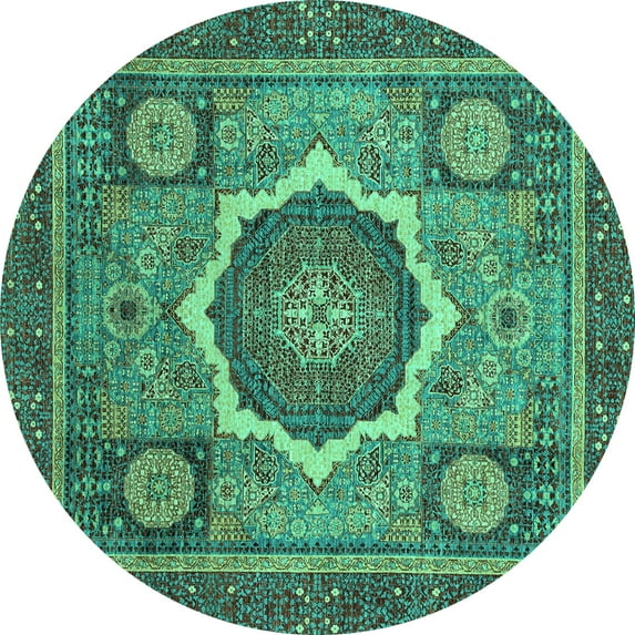 Ahgly Company Machine Washable Indoor Round Abstract Turquoise Blue Modern Area Rugs, 7' Round