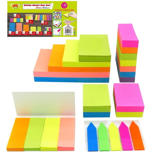 Sticky Notes Value Pack, Neon Assorted The Most Commonly Used Sizes in One PP Box,Self-Stick Notes,18 Pads/Box,1900 Total, 4013