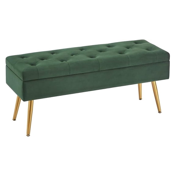 Storage Entryway End of Bed Ottoman Upholstered Bedroom Tufted with Golden Legs 40" Dark Green