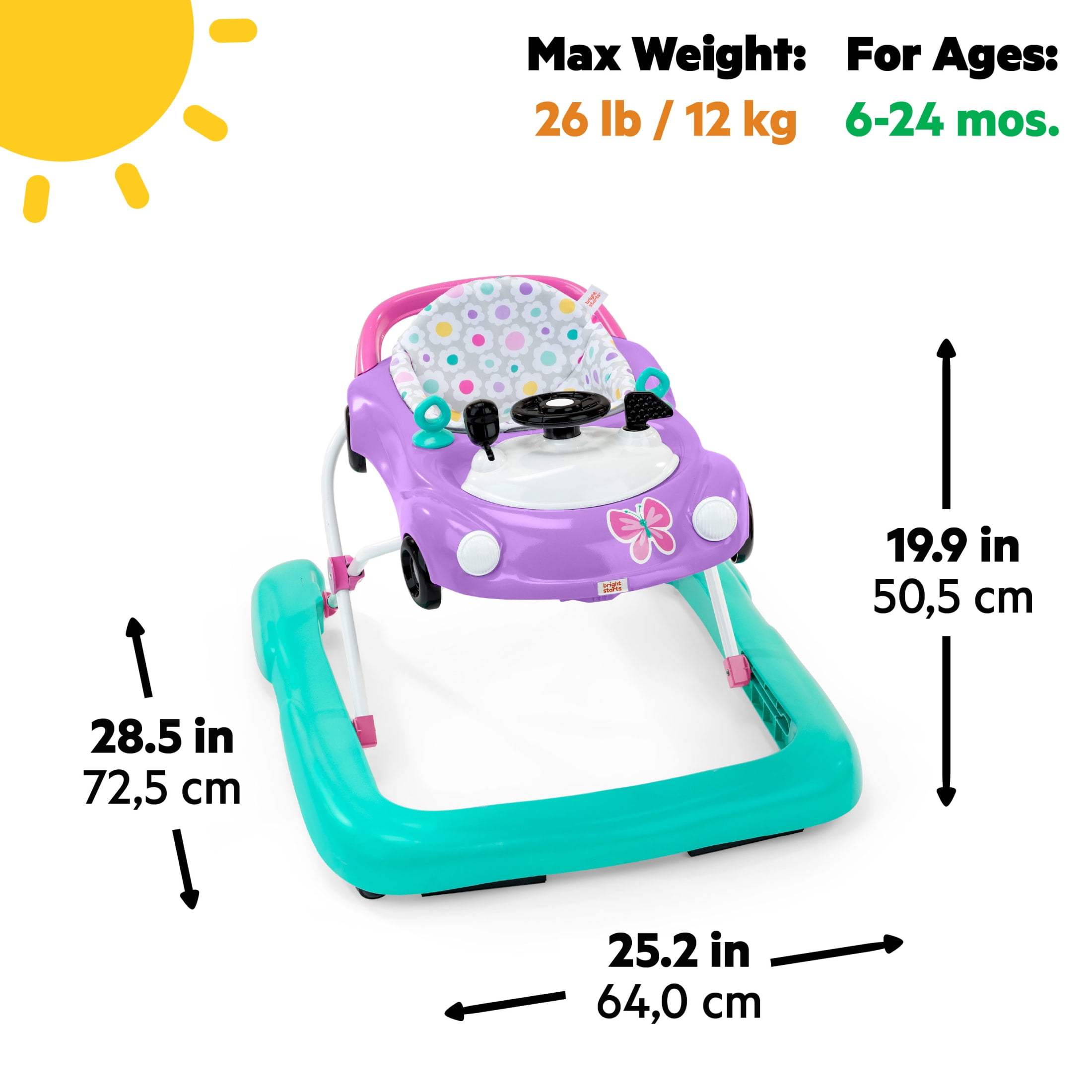 Bright Starts Little Speedster 3-in-1 Car Walker, Purple, Infant to Toddler