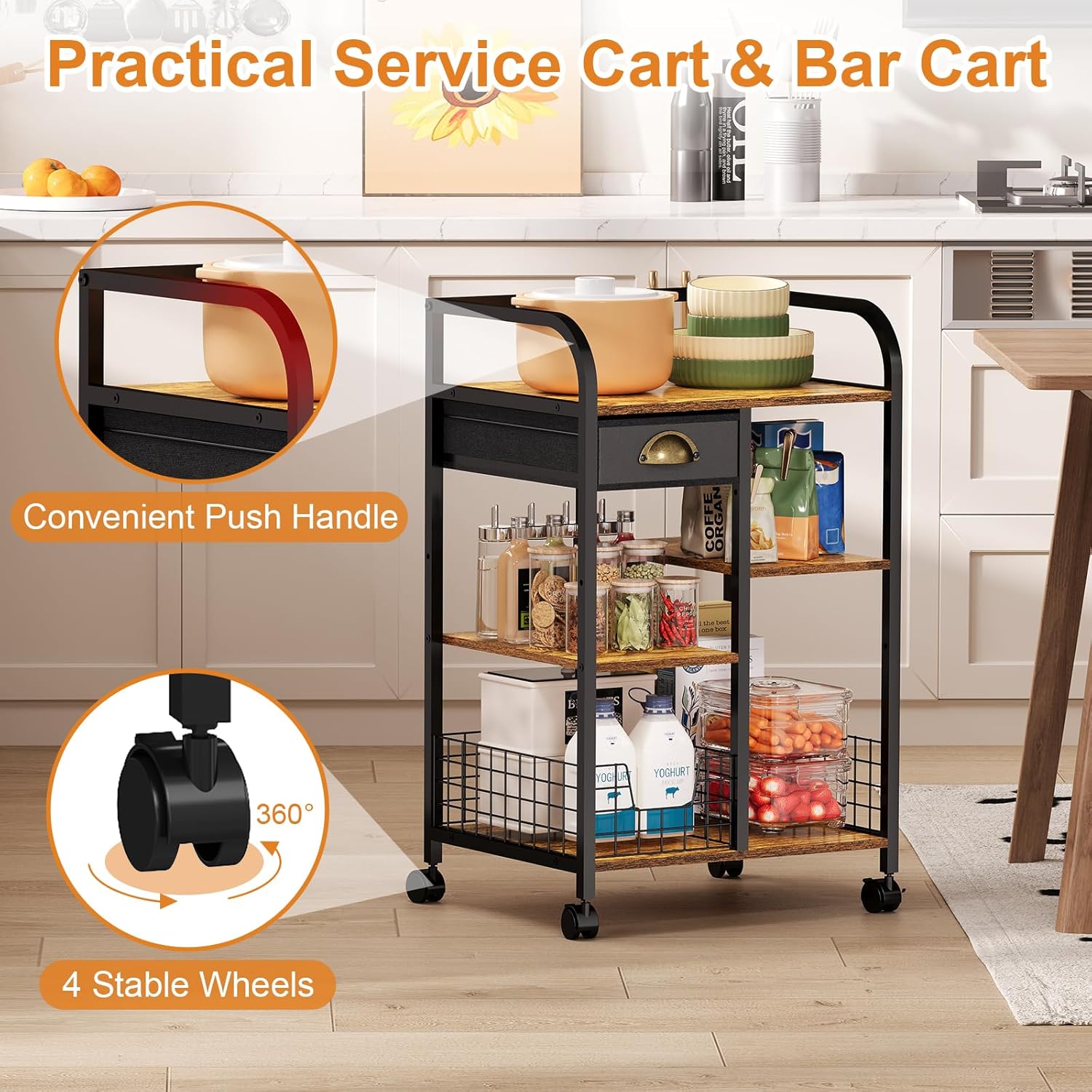 Microwave Cart with Storage, Kitchen Island Cart with Table Top & Drawer, 3 Tier Rolling Utility Cart with Adjustable 2 Storage Shelves, Coffee Bar Shelf for Kitchen/Dining/Living Room