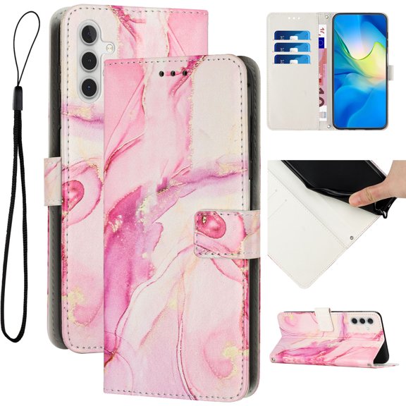 Compatible for Galaxy S24 FE Wallet Case, Samsung S24 FE Wallet Case[Stand Feature] [Wrist Strap] [Credit Cards Holder] New Marble Pattern Premium PU Leather Flip Protective Cover, Rosegold