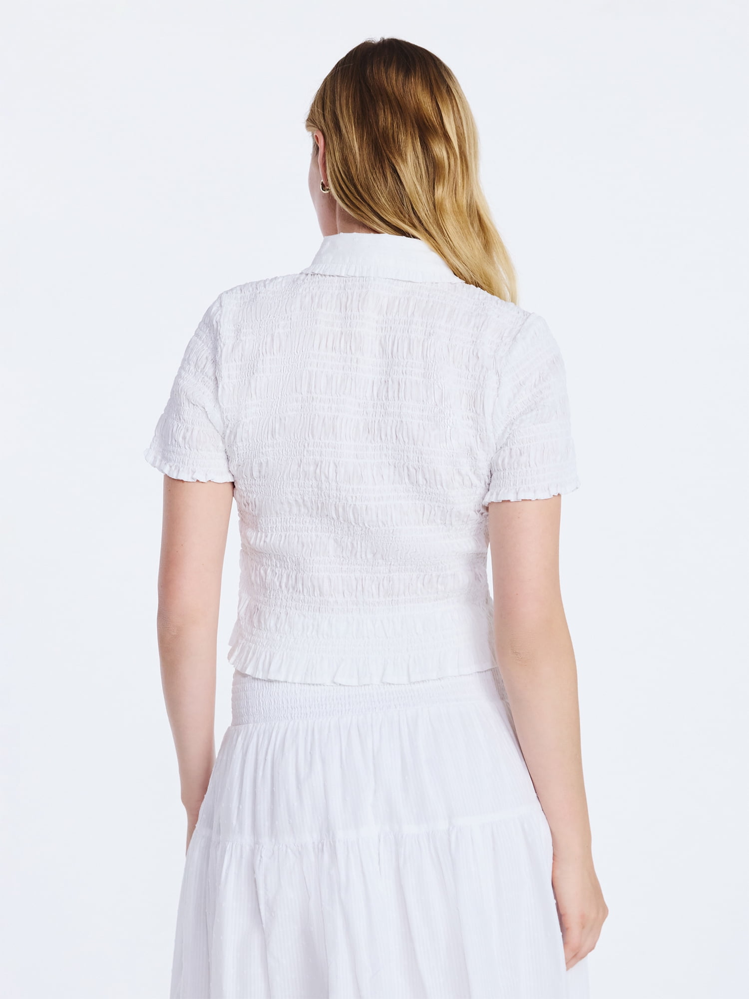 Free Assembly Women's Smocked Cotton Button Front Shirt with Short Sleeves XS-XXL