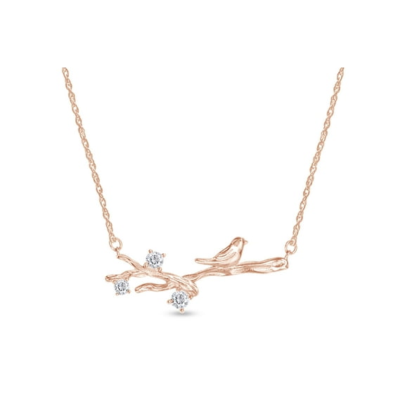 Round Shape Sparkling White Cubic Zirconia Bird On Branch Pendant Necklace in 14k Rose Gold Over Sterling Silver