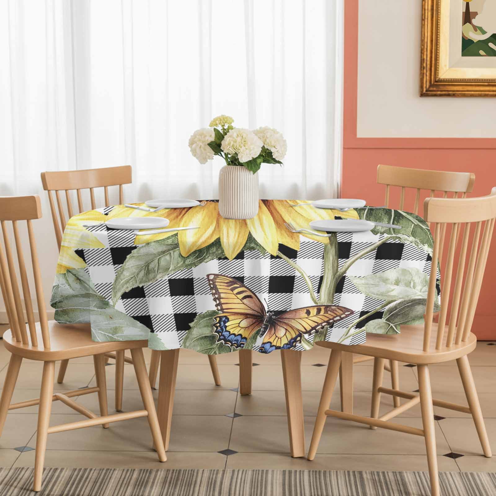 Round Tablecloth Vintage Floral Sunflower Waterproof Oil Proof Polyester Table Cloth Cover Decor for Home Dining Outdoor,Patio,Parties, 54" Dia. Black White Farmhouse Buffalo Plaid