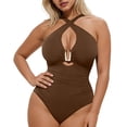 thumbnail image 4 of QUNYINEY Brown One Piece Tummy Control Swimsuit Women Slimming Monokini V Neck Cutout Ruched Swimwear, 4 of 7
