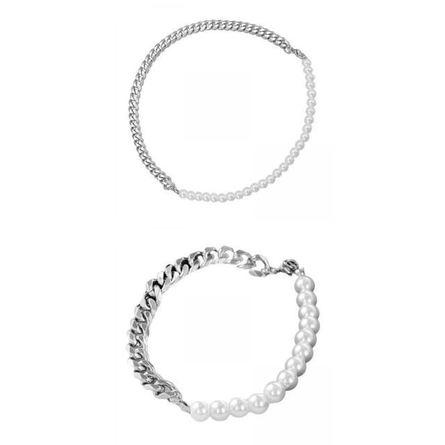 collar y de para hombre joyería de de plata cómoda ropa yuyangstore collar para hombre Collar de perlas para hombre y pulsera a juego; vista frontal centrada con mitad cadena cubana color plata y mitad perlas blancas redondas, eslabones gruesos y cierre visible, collar ≈45 cm y pulsera ≈20 cm, fondo blanco, estilo hip hop street-wear, también apto como accesorio combinado para atuendos casuales.