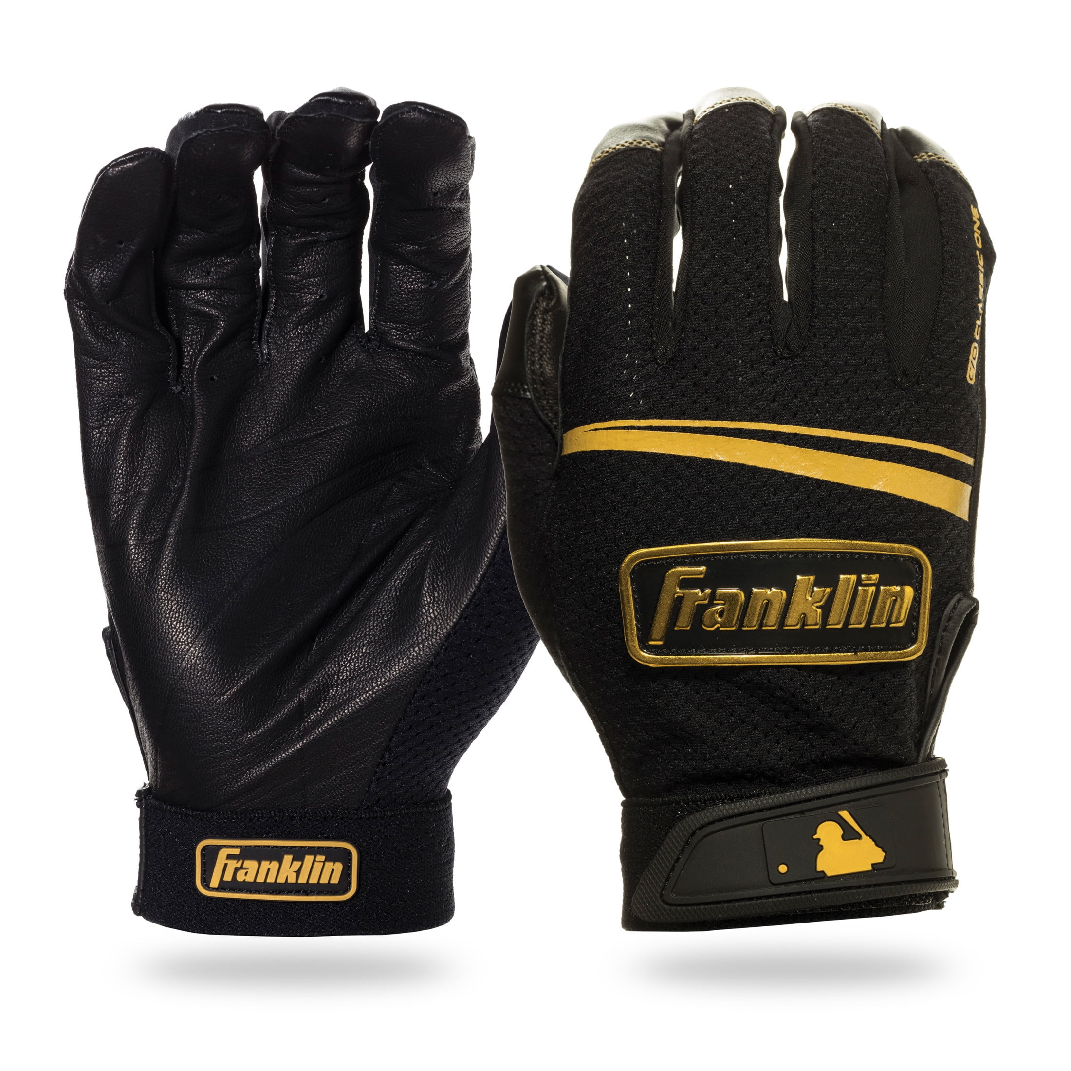 (2 pack) Franklin Sports MLB Classic One LT Baseball Batting Gloves - Black/Gold - X Large - 1 Pair - Leather