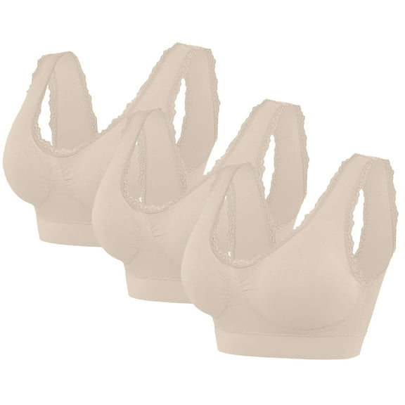 Tao Tao Women's Leisure Sports Sleep Bra Comfort Seamless Stretchy Lace Trim Wirefree 3 PCS Beige M