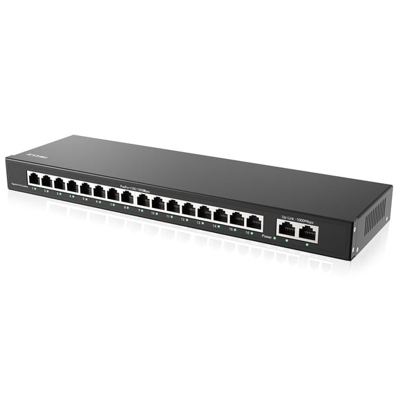 16 Port Gigabit PoE Switch with 2 Gigabit Uplink Ports, 156W, IEEE802.3af/at, Unmanaged Ethernet Switch, Plug & Play, Sturdy Metal Casing, Desktop/Wall Mount