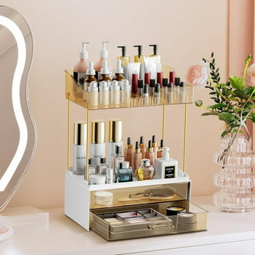 Makeup Organizer,2-Tier 2-Drawer Bathroom Counter Organizer,Multi-Purpose Bathroom Organizer Countertop Cosmetics,Large Capacity,Bathroom Decor,Amber Color